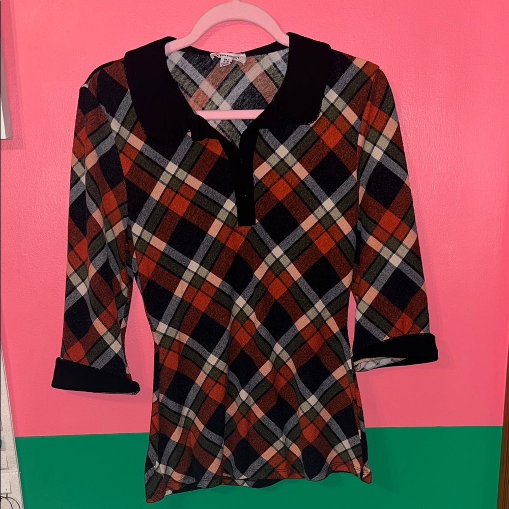 Unique Vintage Plaid Top with Black Collar